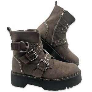 MIM Helsinki Topo Chunky Platform Studded Moto Boots Size 7 EU 37 Brown Y2K